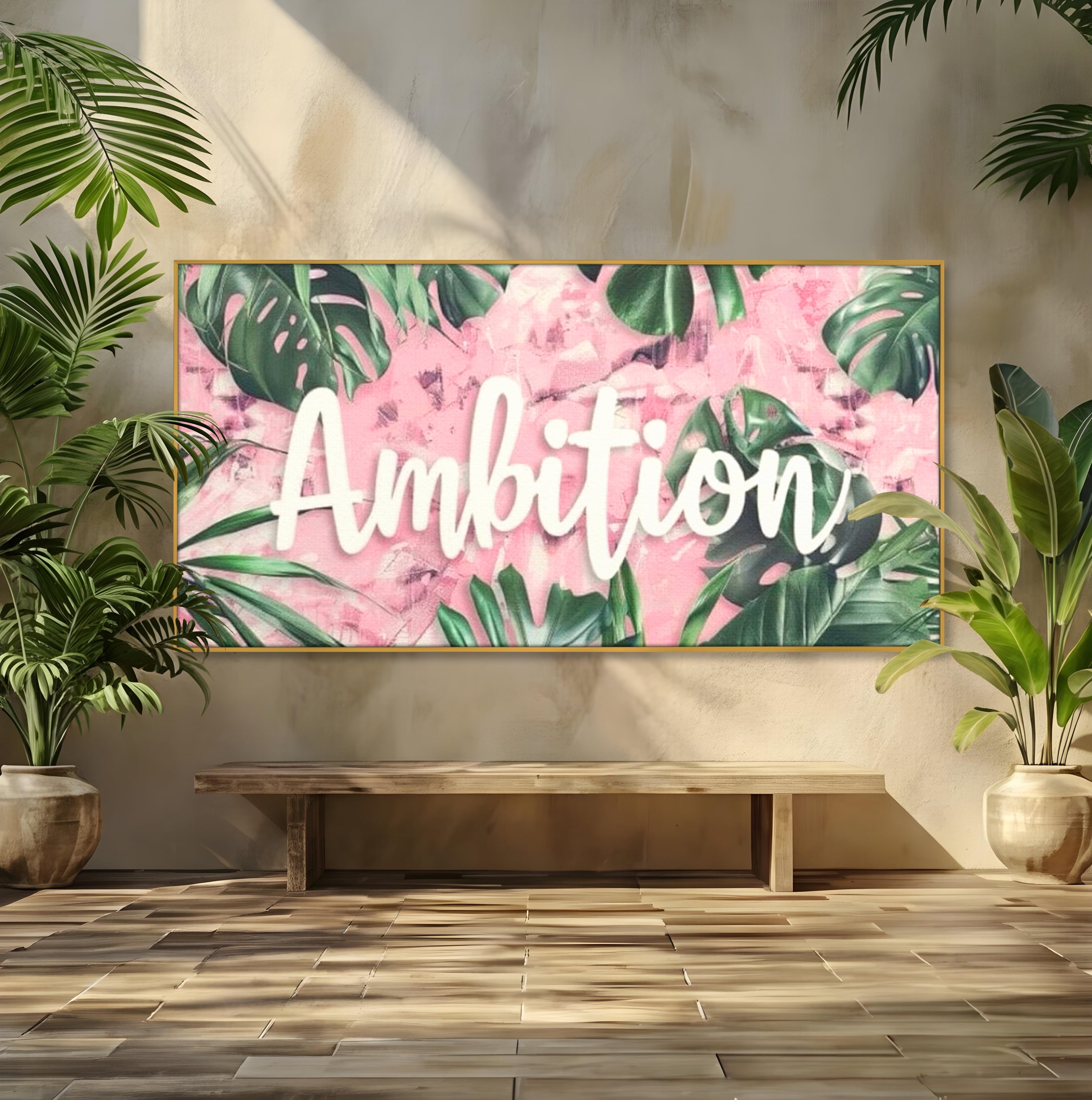Tablou canvas cu tablou canvas cu frunze tropicale si text, in rama de aluminiu auriu
